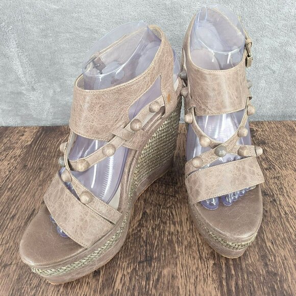 Balenciaga Arena Espadrille Wedges Sandals 10 Taupe Grey Studded Leather Raffia - Picture 16 of 16